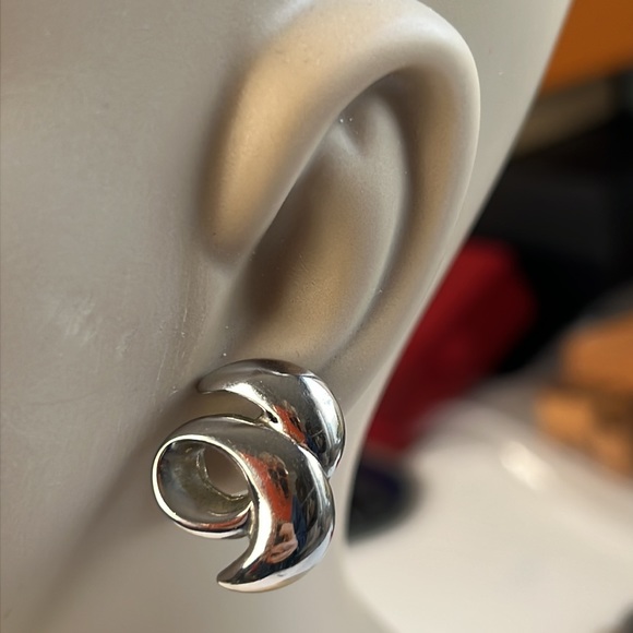 GIVENCHY Logo Silver Tone Metal Earrings Stud Vintage Chunky Wave authentic - Picture 5 of 12